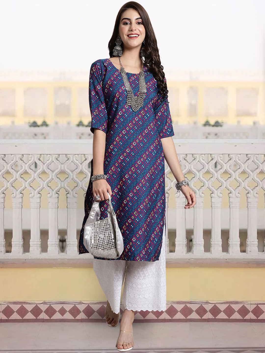 

7Threads Bandhani Printed Round Neck Straight Kurta, Navy blue