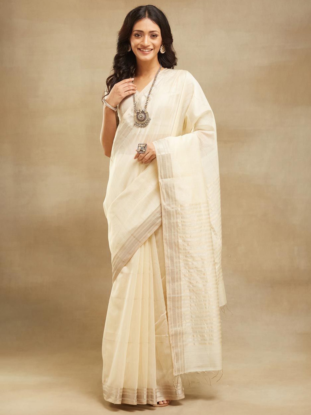 

Fabindia Natural Maheshwari Sari, Cream