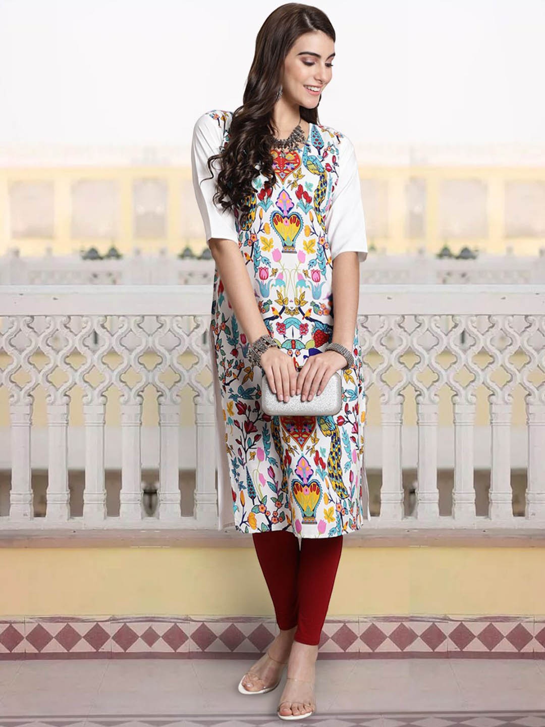 

7Threads Ethnic Motifs Printed Straight Kurta, White