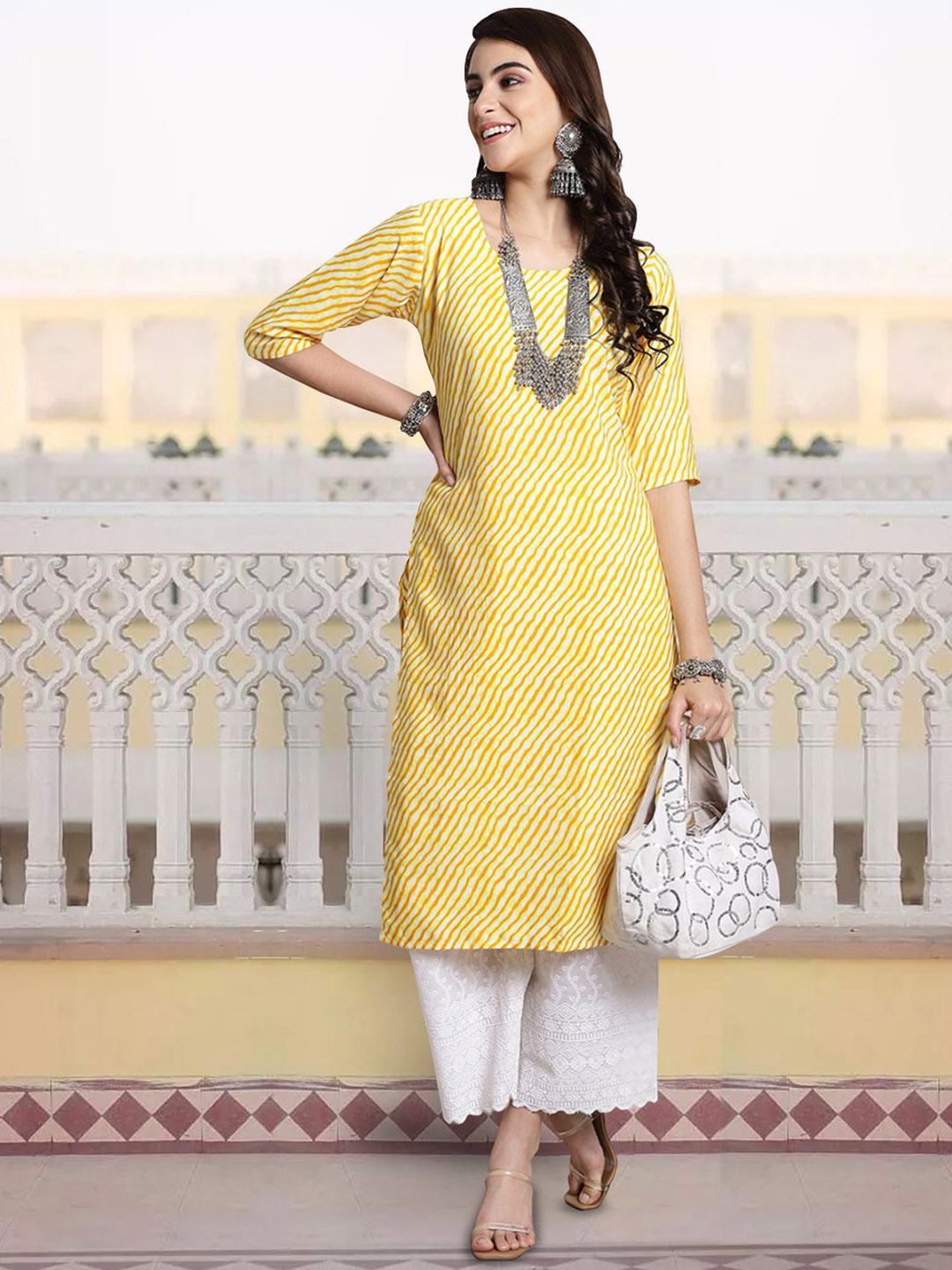 

7Threads Striped Crepe Straight Kurta, Yellow