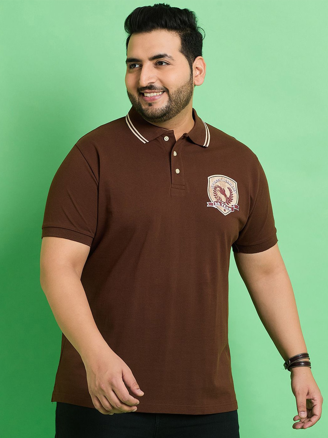 

bigbanana Plus Size Printed Polo Collar Cotton Bio Finish T-shirt, Brown