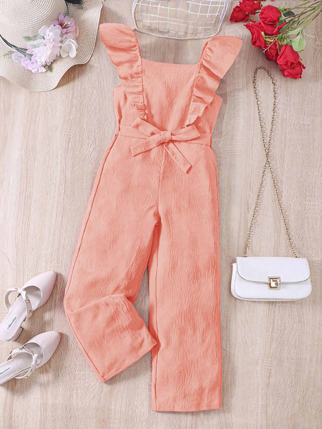 

INCLUD Girls Solid Basic Jumpsuit with Ruffles, Peach