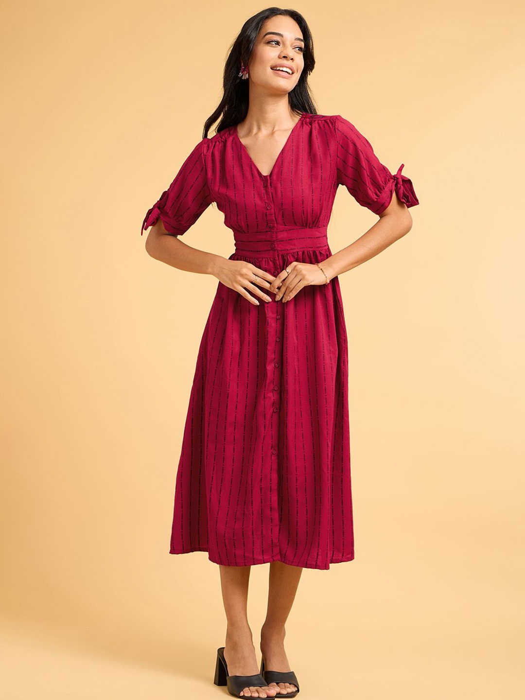 

Saaki Self Design Regular Sleeves Midi Dress, Maroon