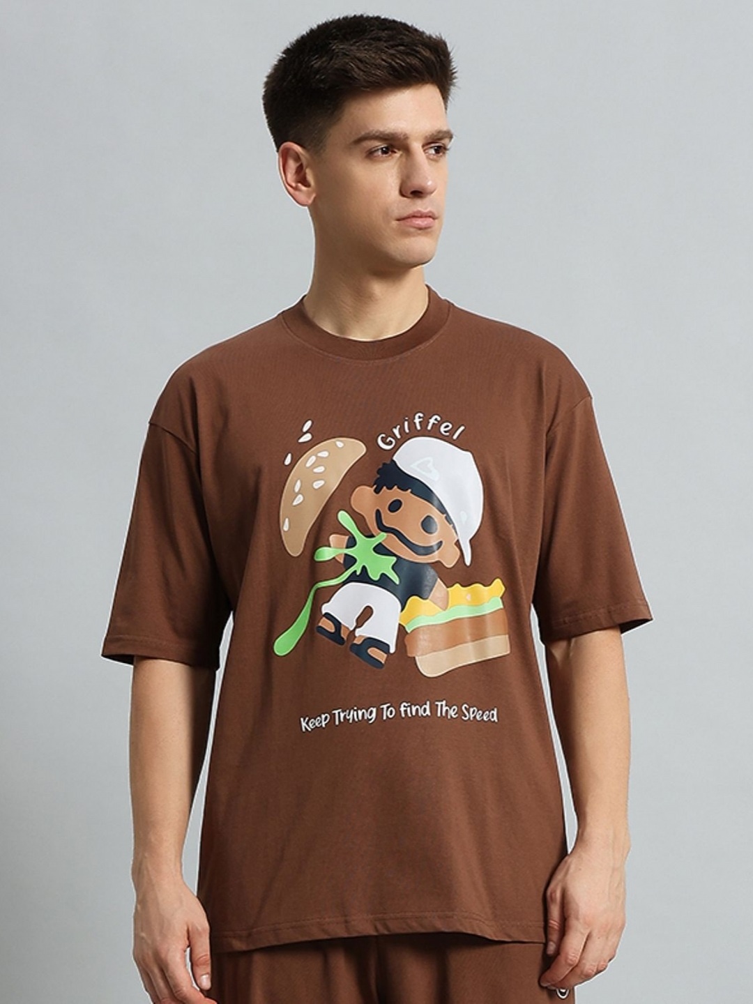 

GRIFFEL Men Graphic Printed Round Neck Cotton Oversized T-Shirt, Coffee brown