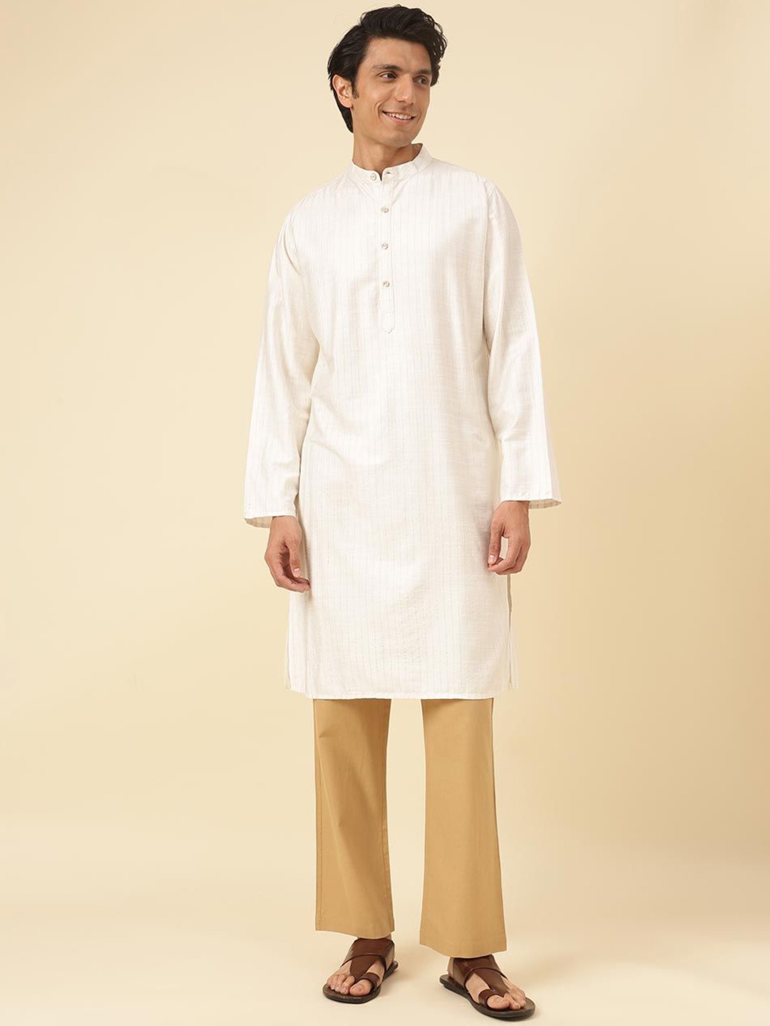 

Fabindia Striped Mandarin Collar Dobby Weave Straight Kurta, White