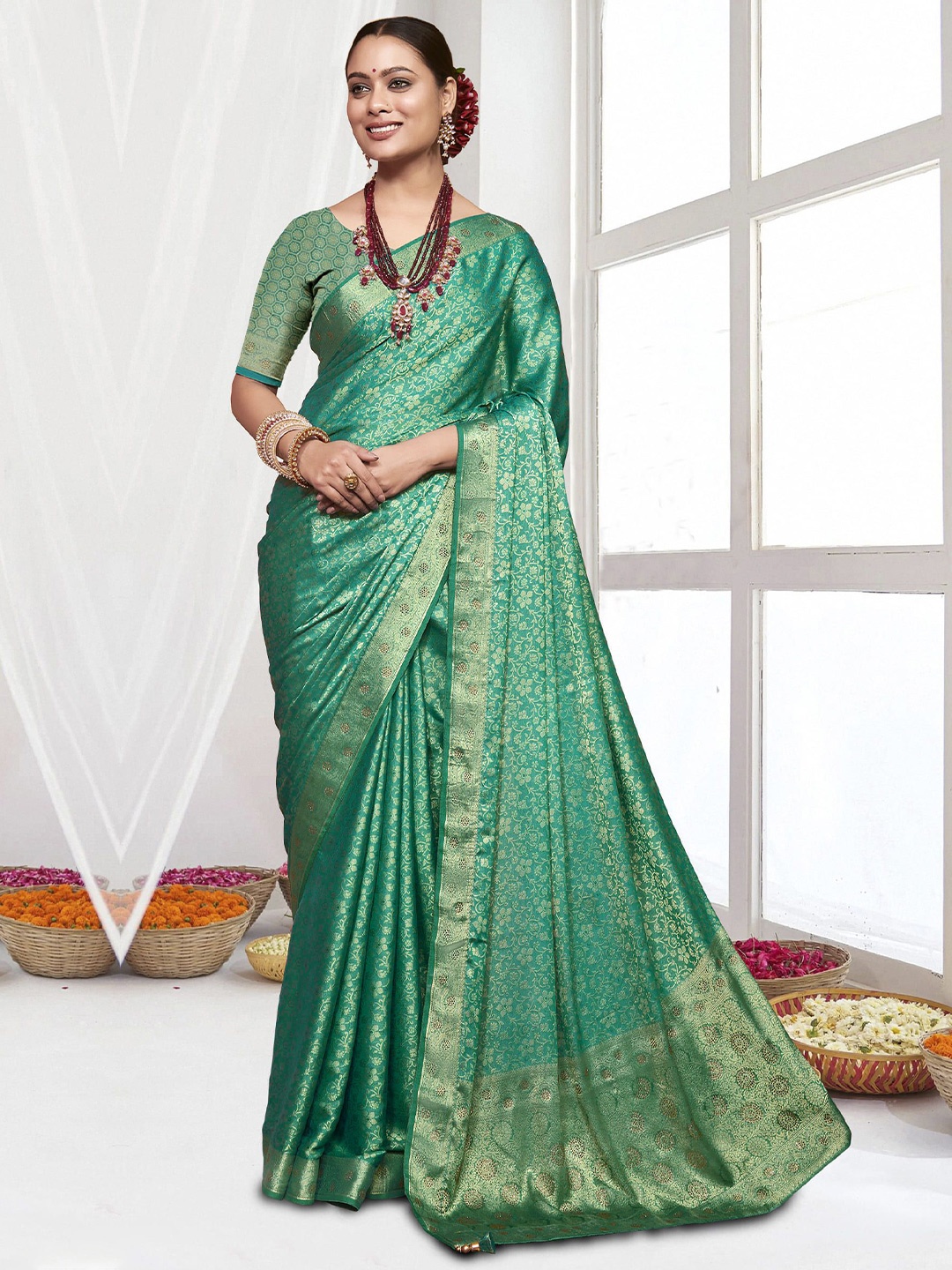 

NIRMAL CREATION Woven Design Zari Pure Silk Saree, Green