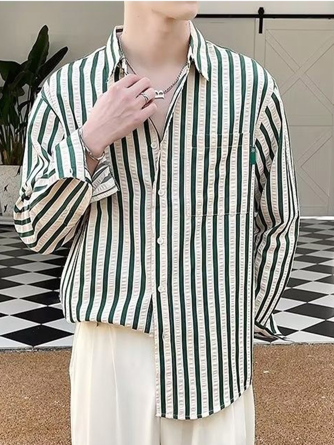 

StyleCast Men Opaque Striped Party Shirt, Green