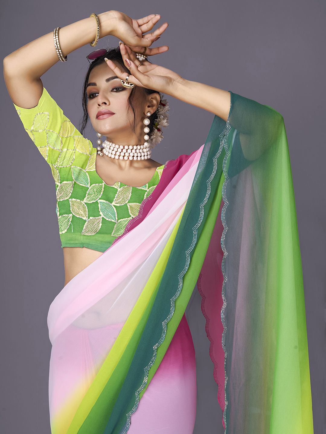

NIRMAL CREATION Ombre Beads and Stones Saree, Green