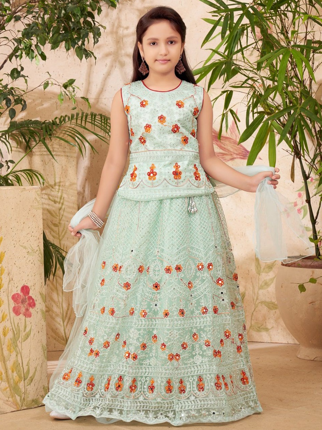 

Aarika Girls Embroidered Thread Work Ready to Wear Lehenga & Blouse With Dupatta, Sea green