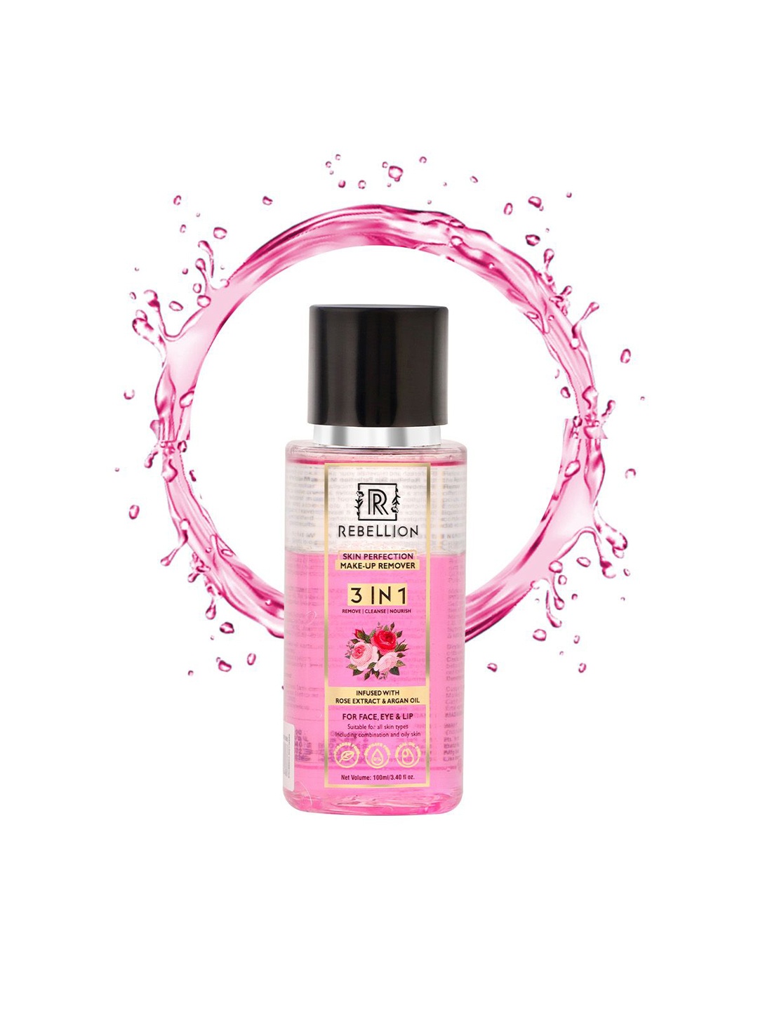 

Rebellion Cosmetics 3 in 1 Skin Perfection Makeup Remover with Rose & Argan Oil -100ml, Pink