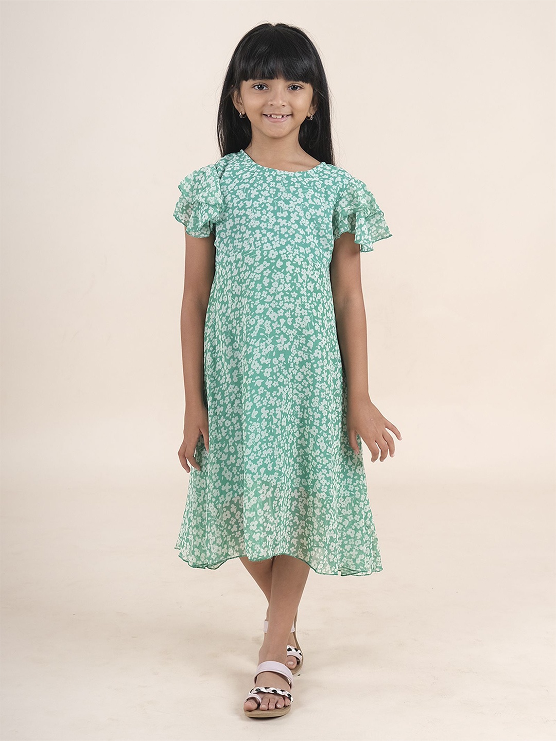 

KiddoPanti Girls Floral Print Flutter Sleeve Georgette A-Line Midi Dress, Green