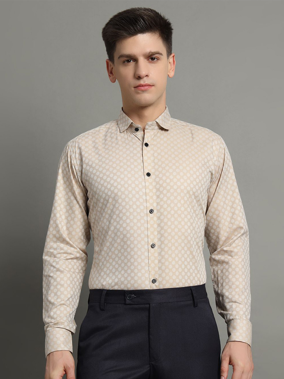 

AIA.FAB Men Classic Spread Collar Geometric Printed Cotton Formal Shirt, Cream