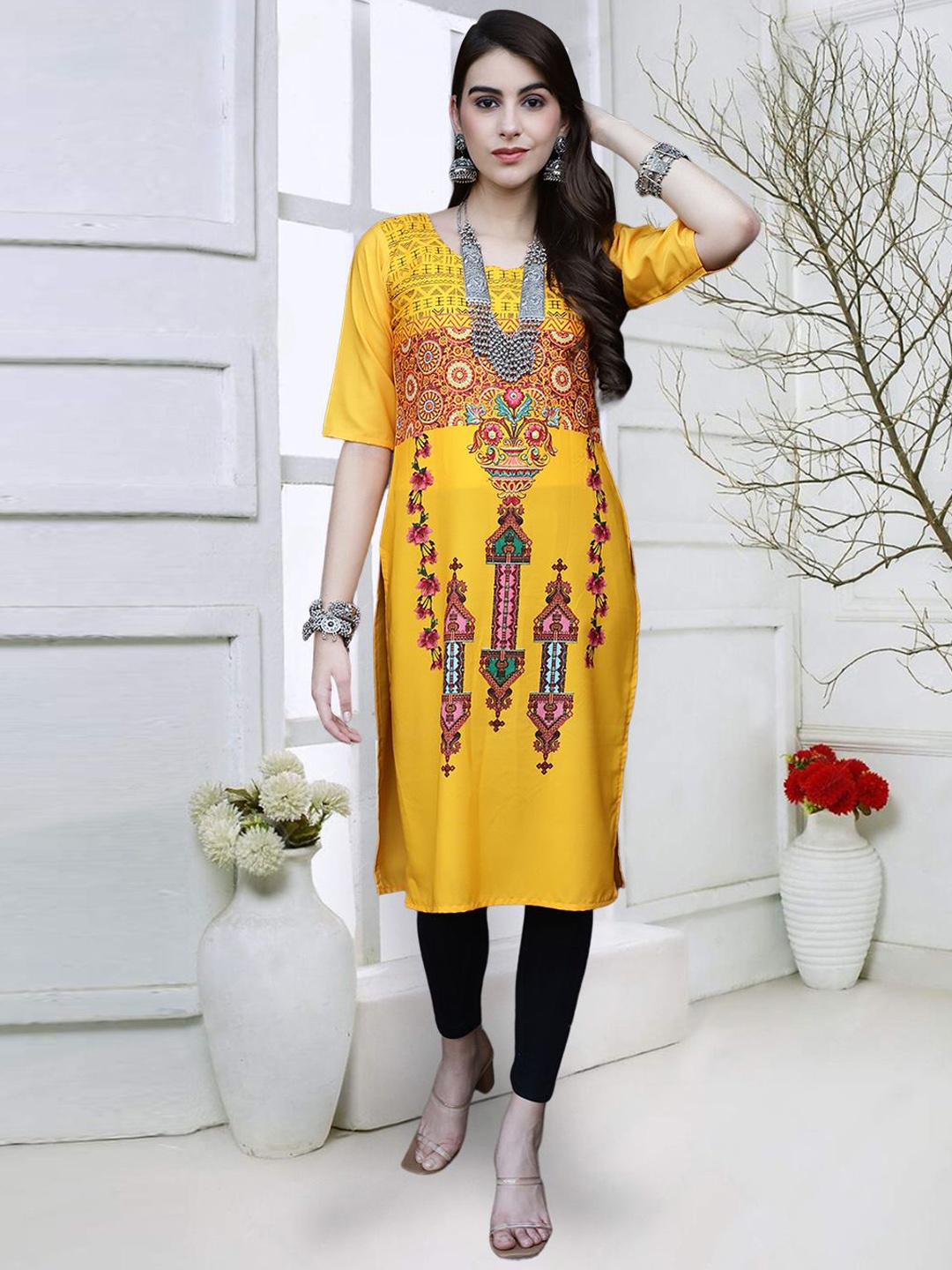 

7Threads Geometric Printed Round Neck Straight Kurta, Yellow