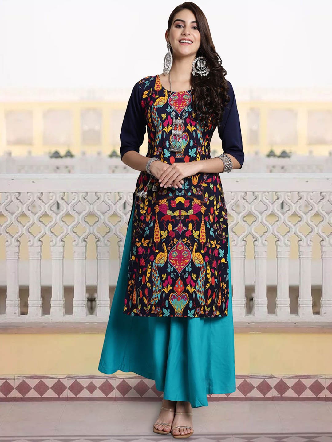 

7Threads Ethnic Motifs Printed Straight Kurta, Black