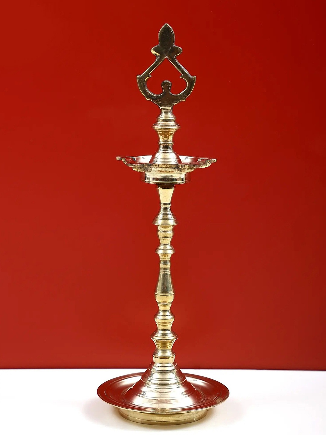 

Exotic India 15" Religious Brass Five Wick Oil Lamp (Diya), Gold