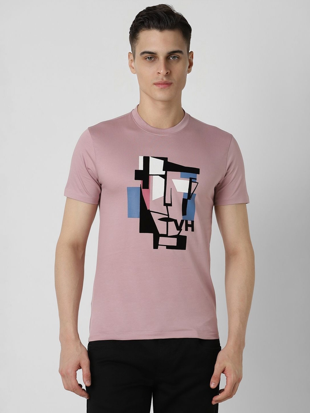 

V Dot Men Graphic Printed Round Neck Cotton Slim Fit T-Shirt, Pink