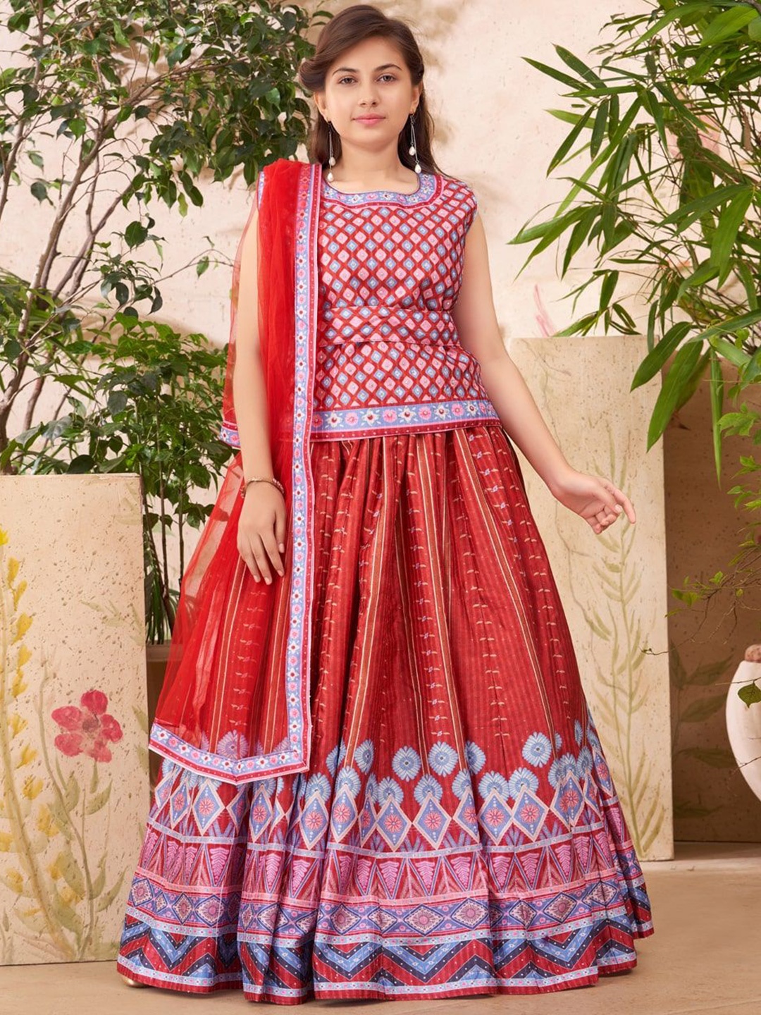 

Aarika Girls Printed Ready to Wear Lehenga & Blouse With Dupatta, Red