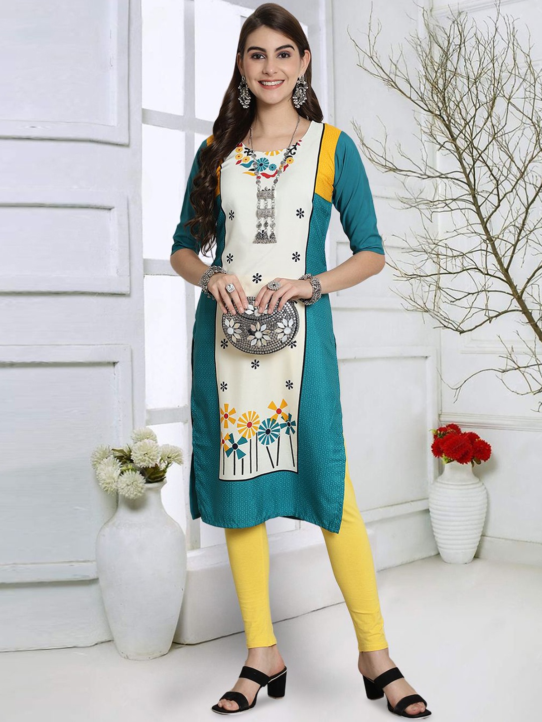

7Threads Floral Printed Round Neck Straight Kurta, Blue