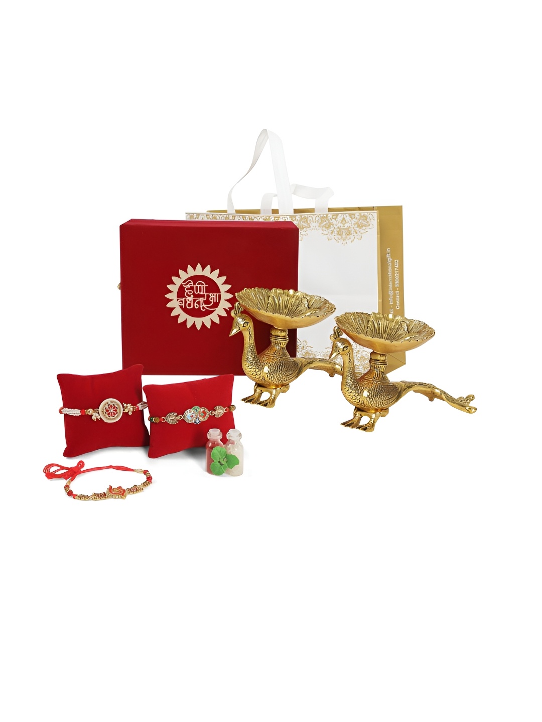 

INTERNATIONAL GIFT Gold Toned 3 Pcs Thread Rakhi With Roli Chawal & Peacock Bowl Showpiece