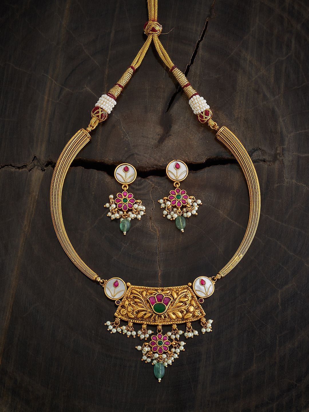 

Kushal's Fashion Jewellery Gold-Plated Stone-Studded Antique Necklace and Earrings