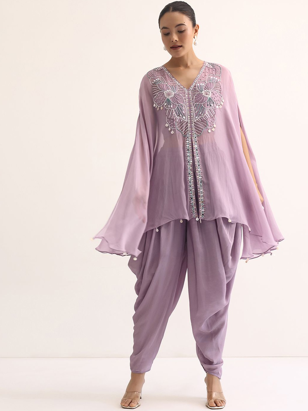

KALKI Fashion Floral Embroidered Beads And Stones Top With Dhoti Pants & Cape, Purple