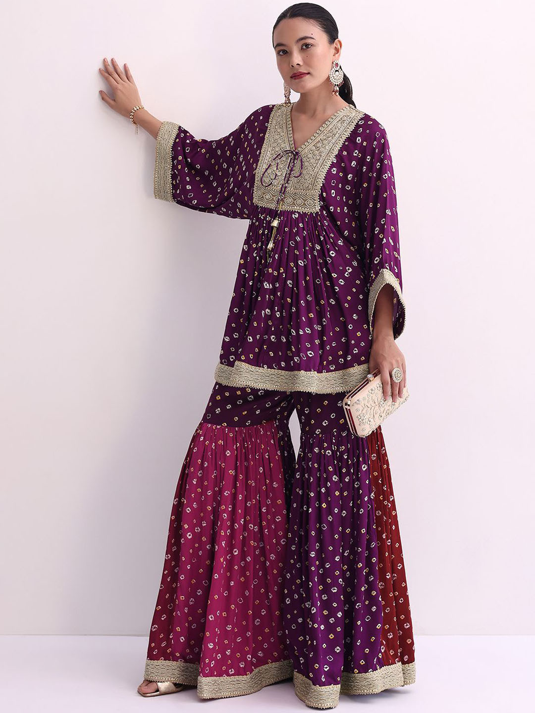 

KALKI Fashion Bandhani Printed Sequinned A-Line Kurti with Sharara, Purple
