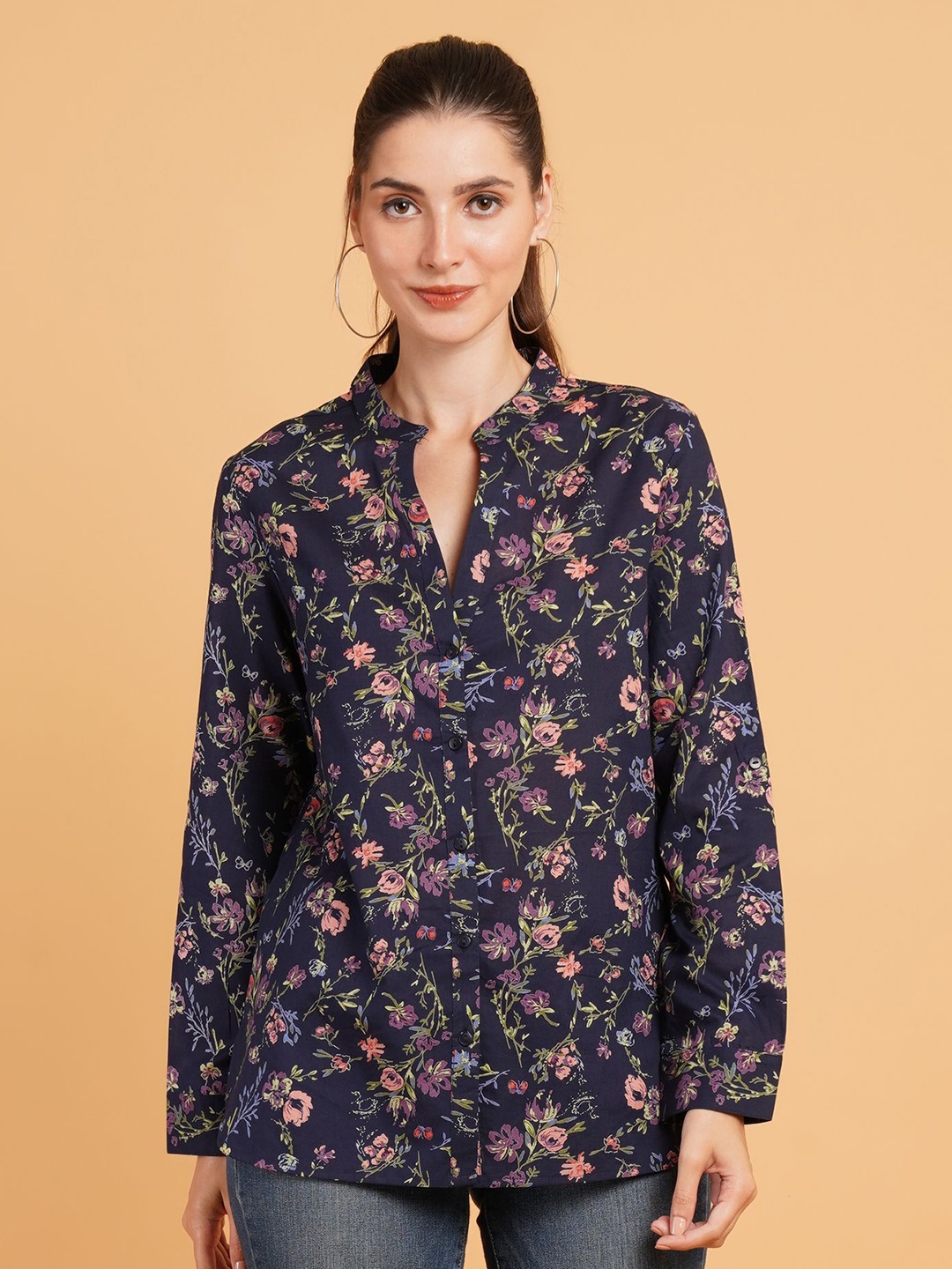 

IX IMPRESSION Women Relaxed Mandarin Collar Floral Printed Cotton Oversized Shirt, Navy blue