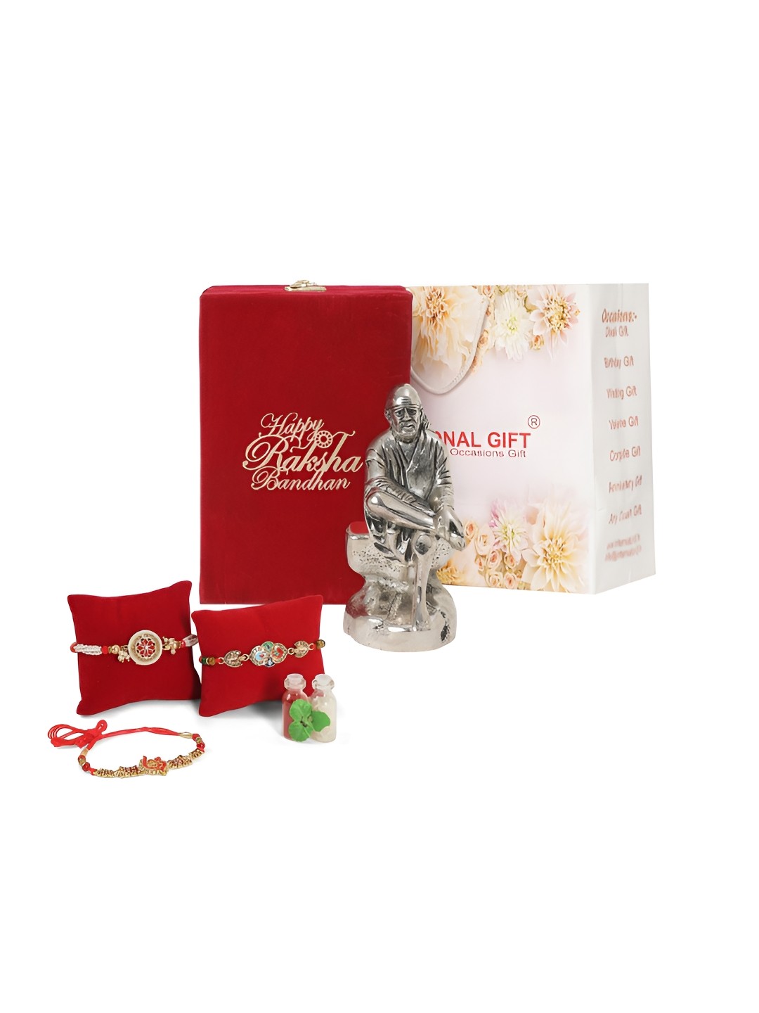 

INTERNATIONAL GIFT Set Of 3 Rakhis With Silver Sai Baba Idol Statue Showpiece