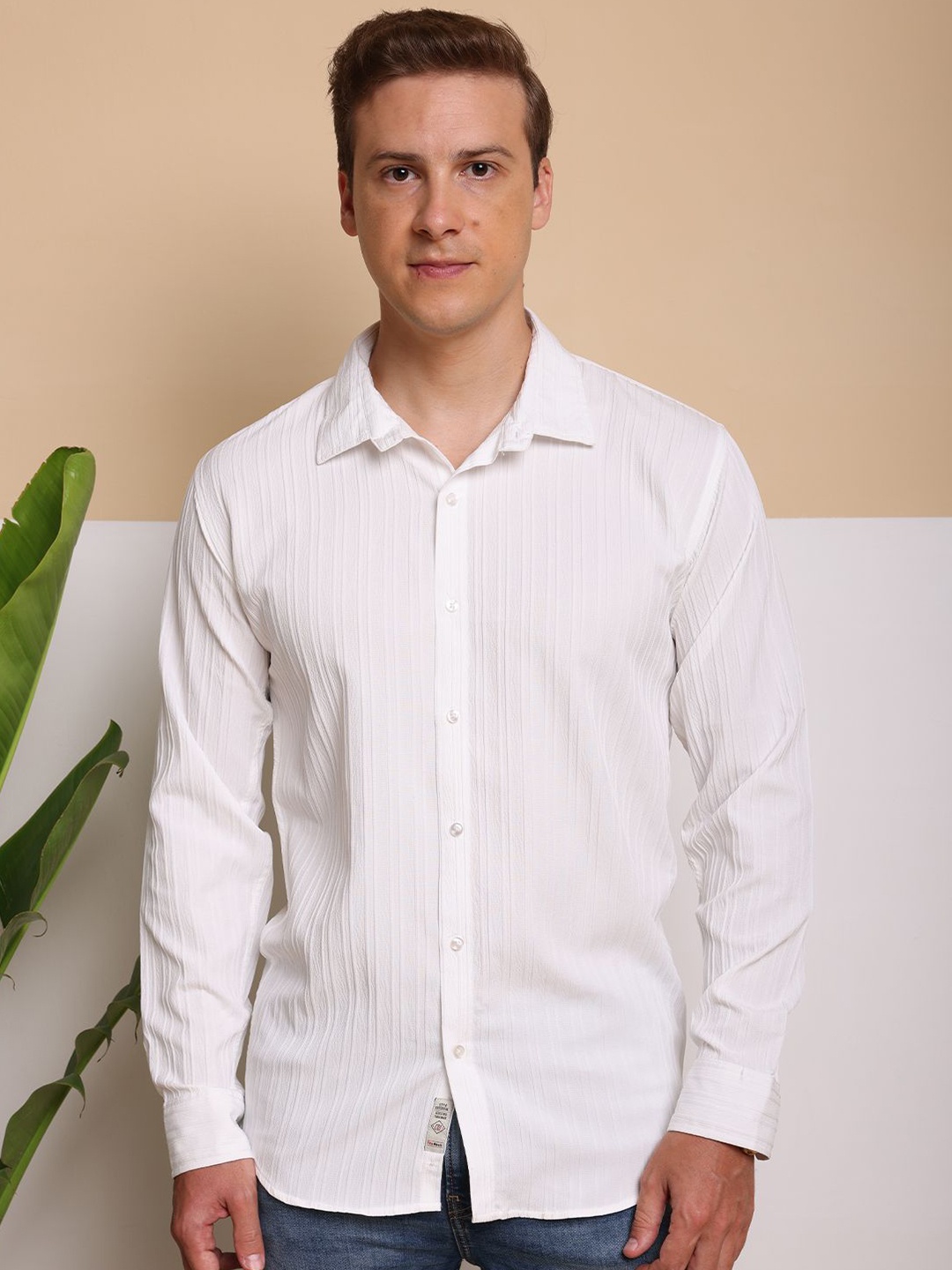 

FILO HEVIS Men Classic Popcorn Striped Casual Shirt, White