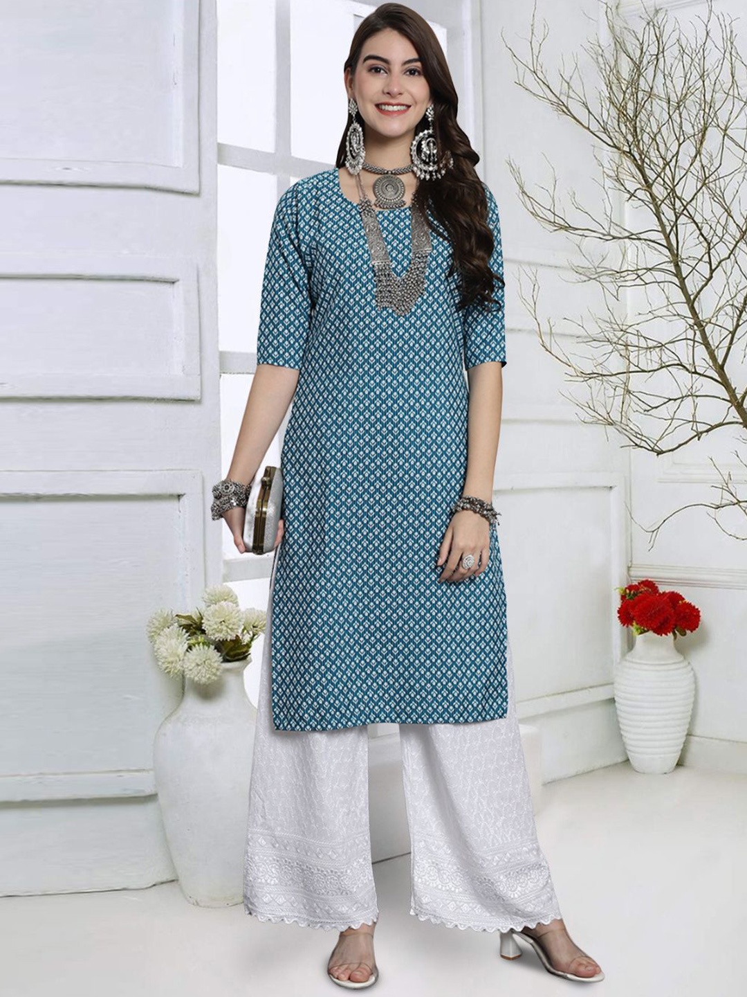 

7Threads Geometric Printed Straight Kurta, Blue