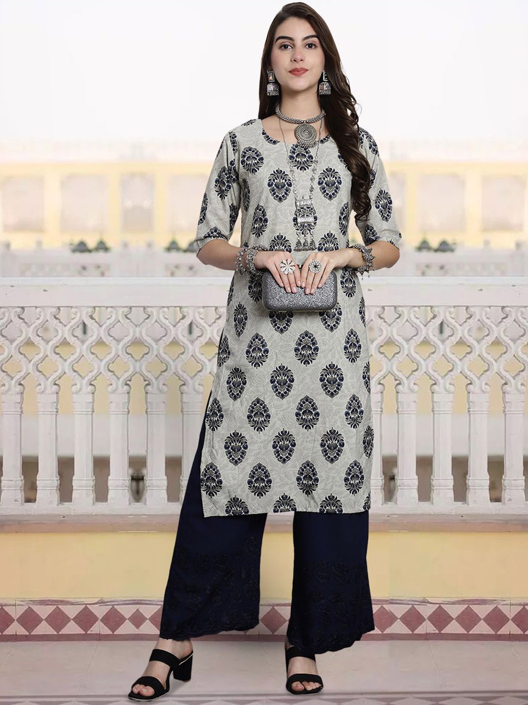 

7Threads Floral Printed Straight Kurta, Grey