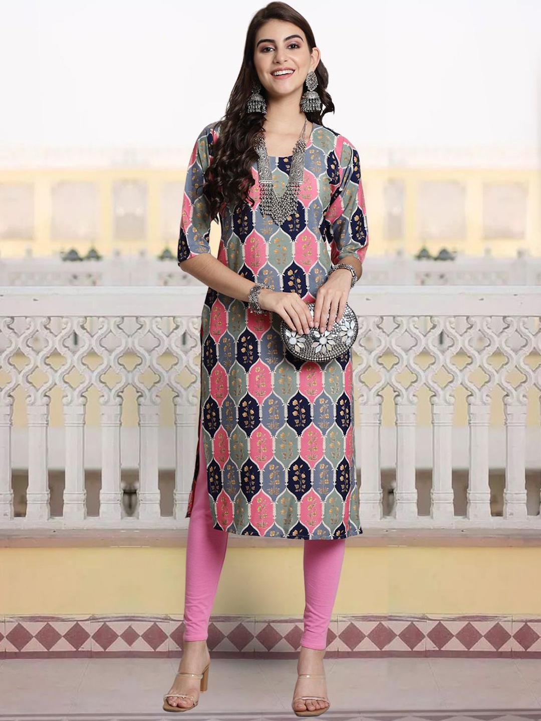 

7Threads Ethnic Motifs Printed Round Neck Crepe Straight Kurta, Grey