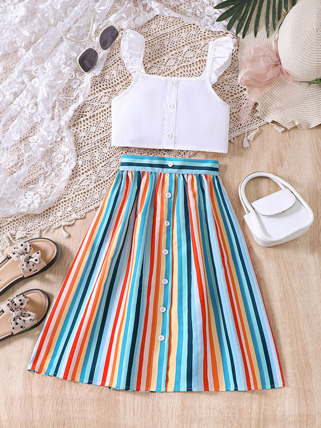 

INCLUD Girls Striped Printed Square Neck Top with Skirt, White