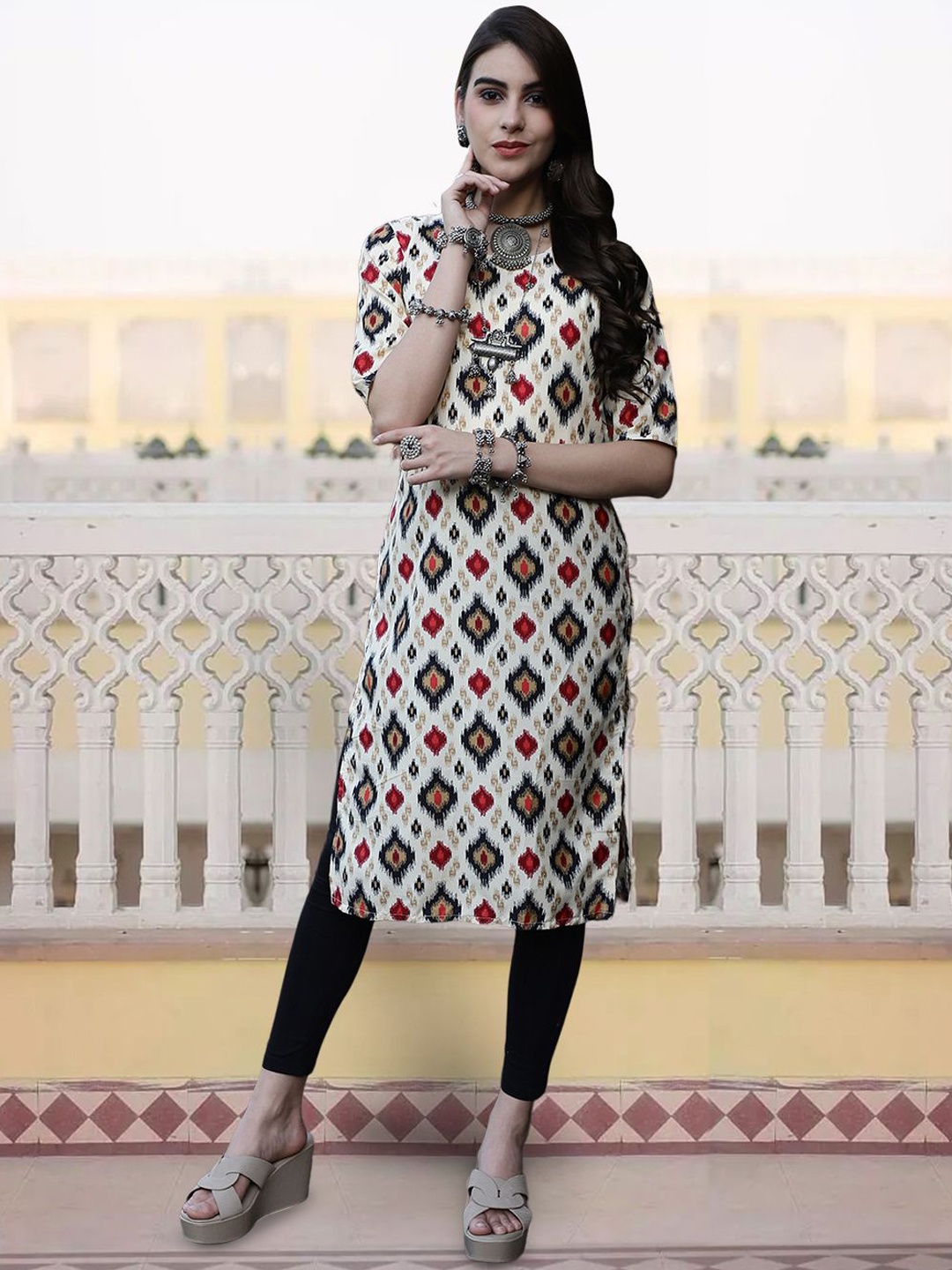 

7Threads Geometric Printed Crepe Straight Kurta, White