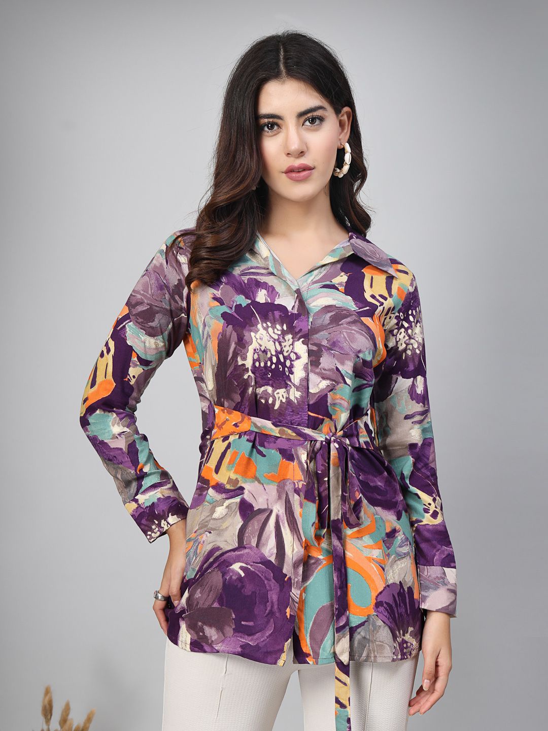

TANKHI Women Floral Printed Round Neck Top, Purple