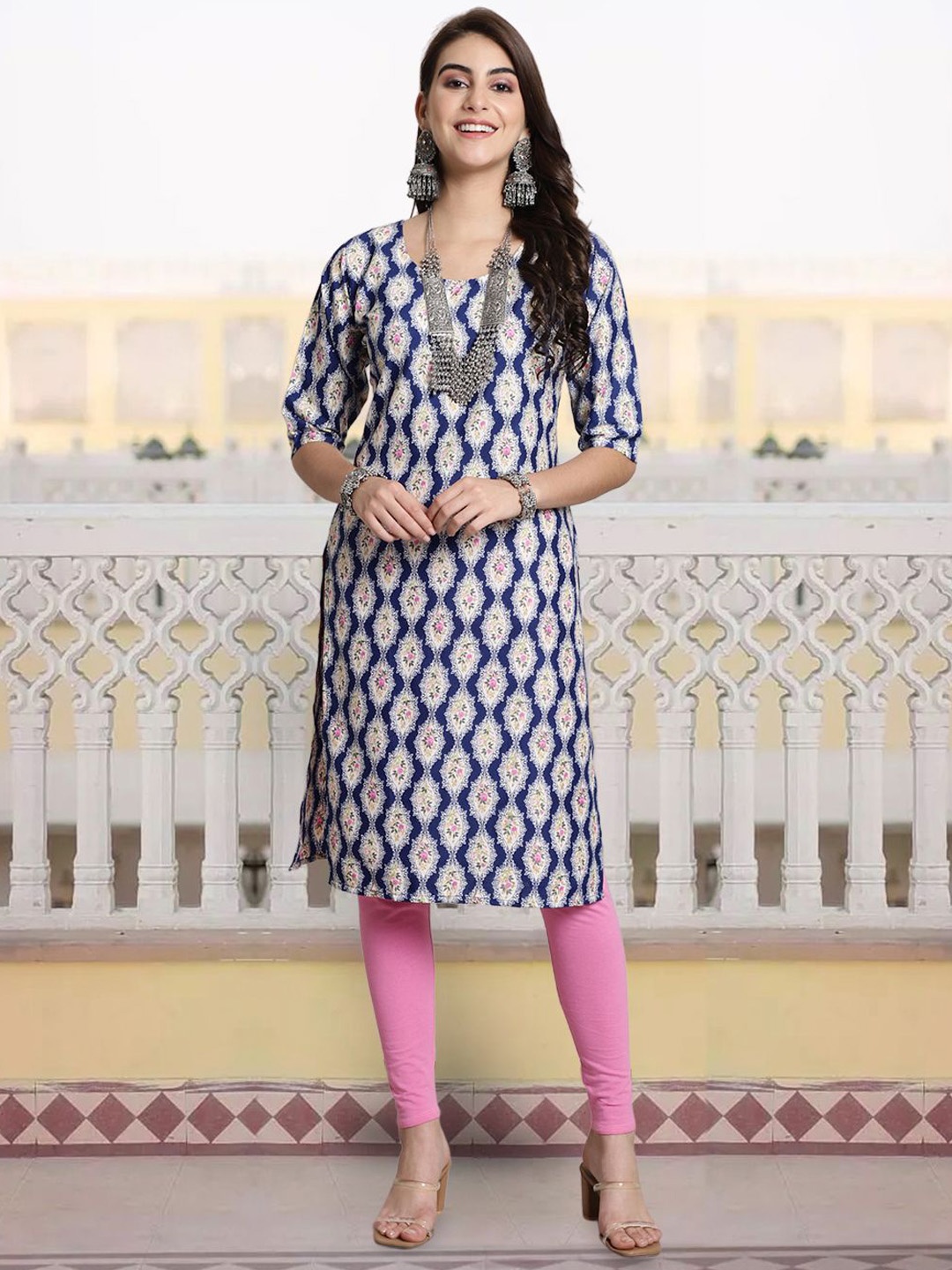 

7Threads Geometric Printed Regular Crepe Straight Kurta, Blue