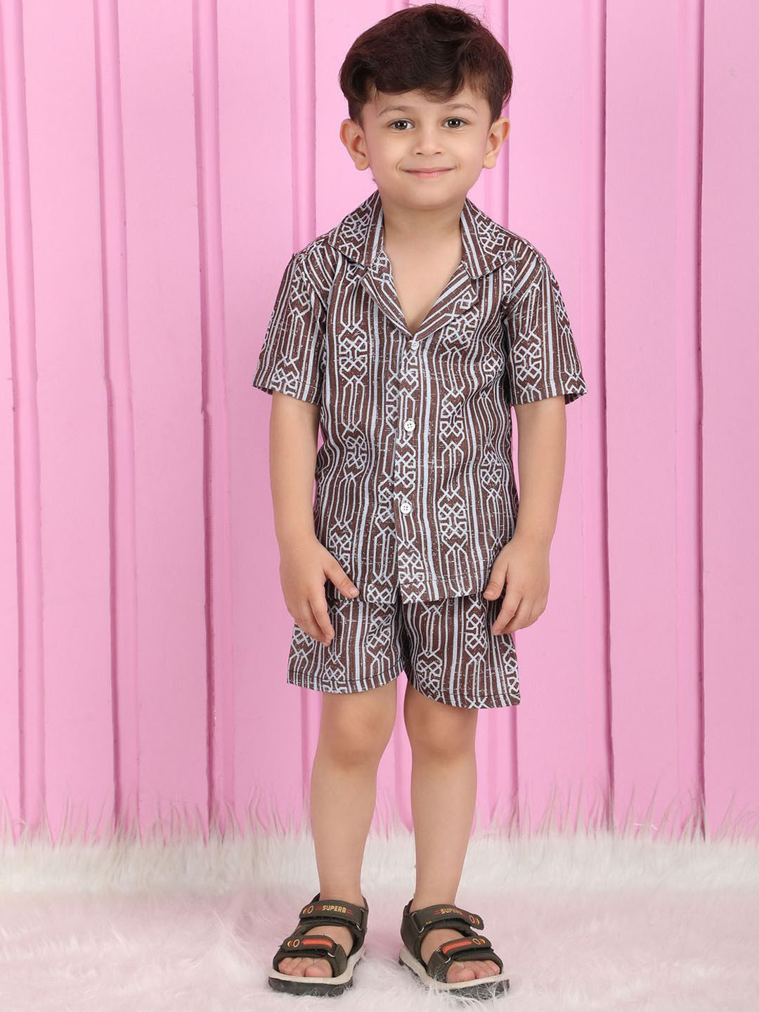 

Polka Tots Printed Pure Cotton Shirt & Shorts, Brown