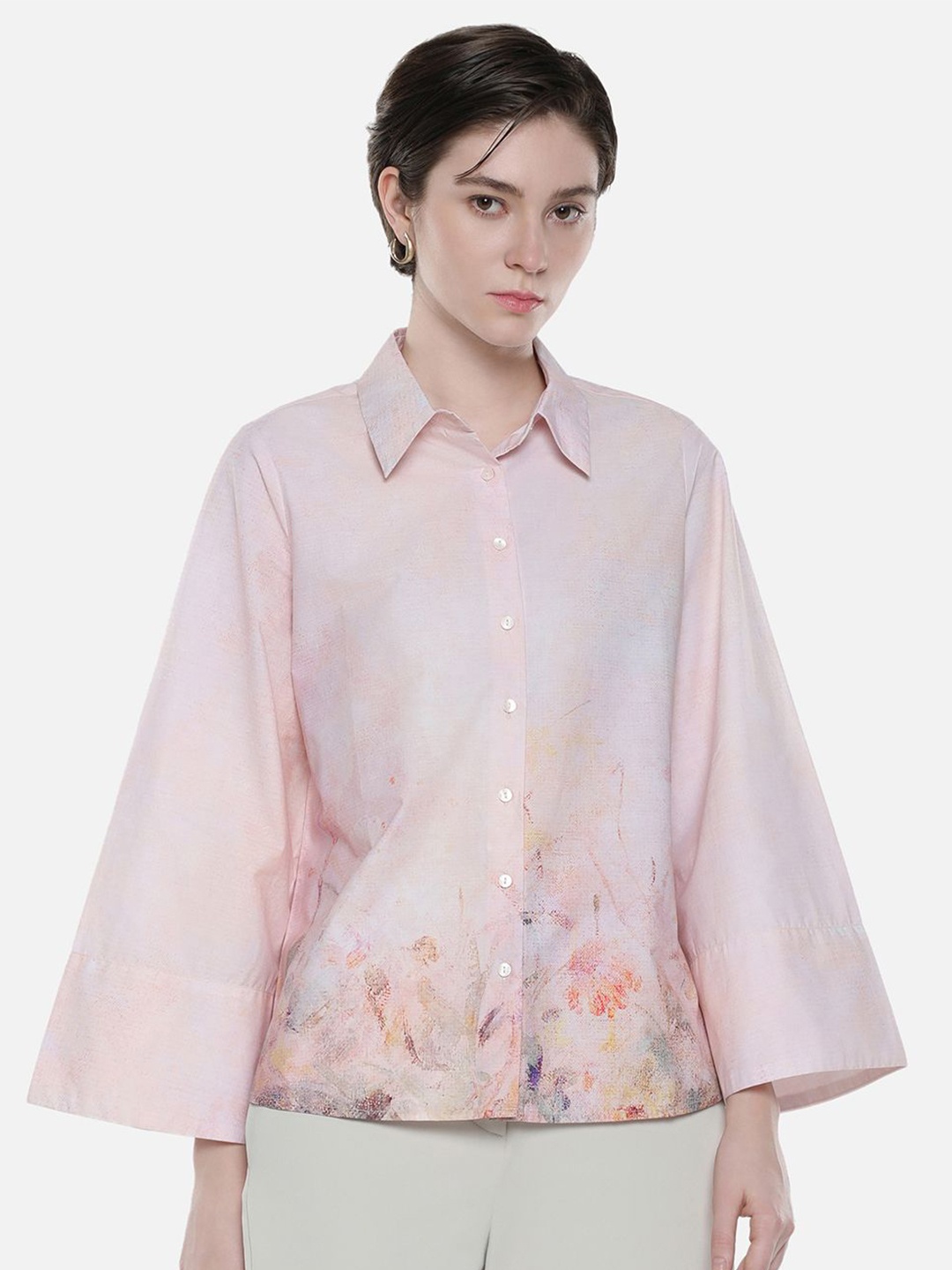 

RAREISM Women Abstract Printed Shirt Collar Cotton Top, Pink