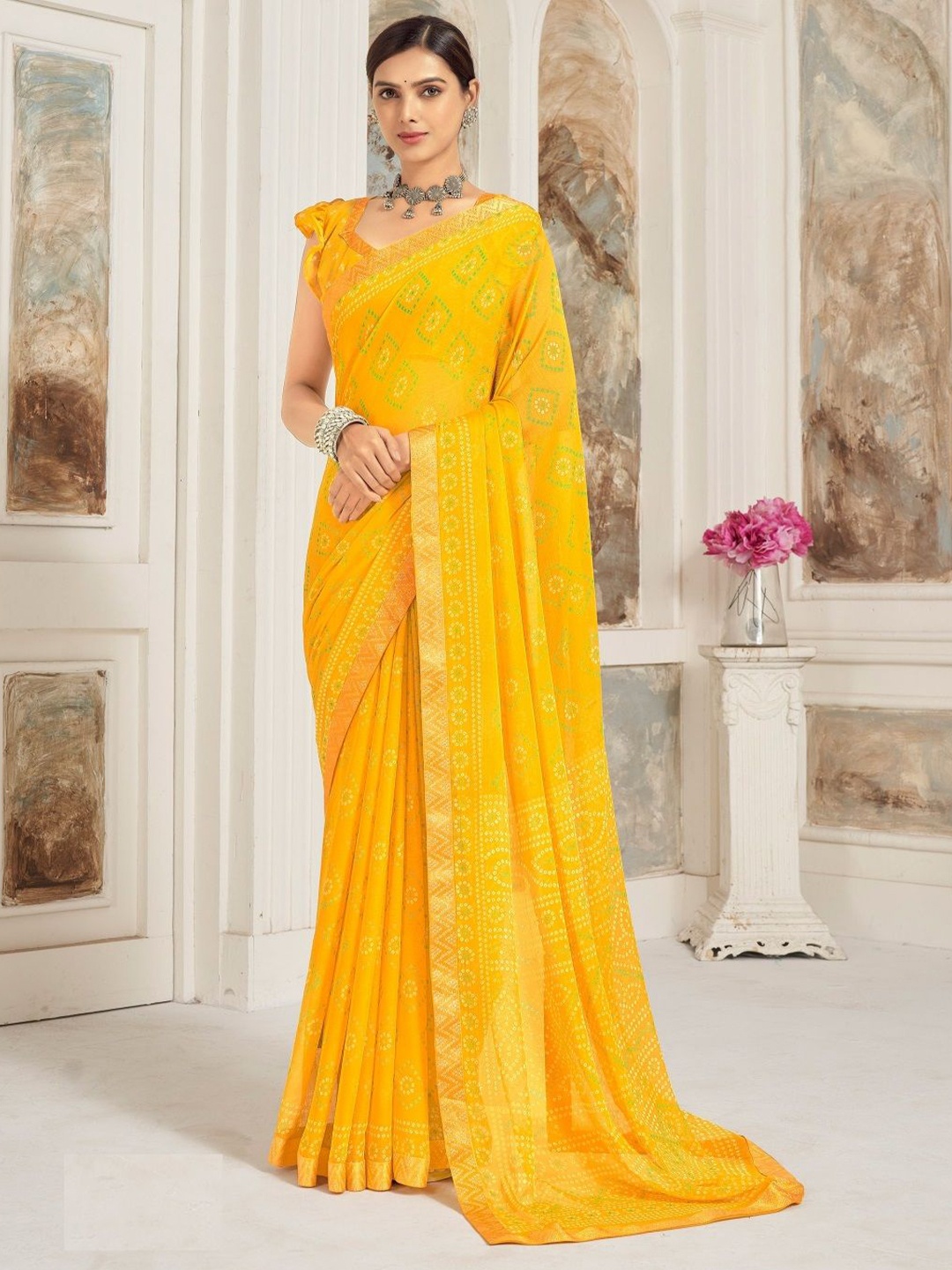 

Reboot Fashions Bandhani Zari Pure Chiffon Bandhani Saree, Yellow