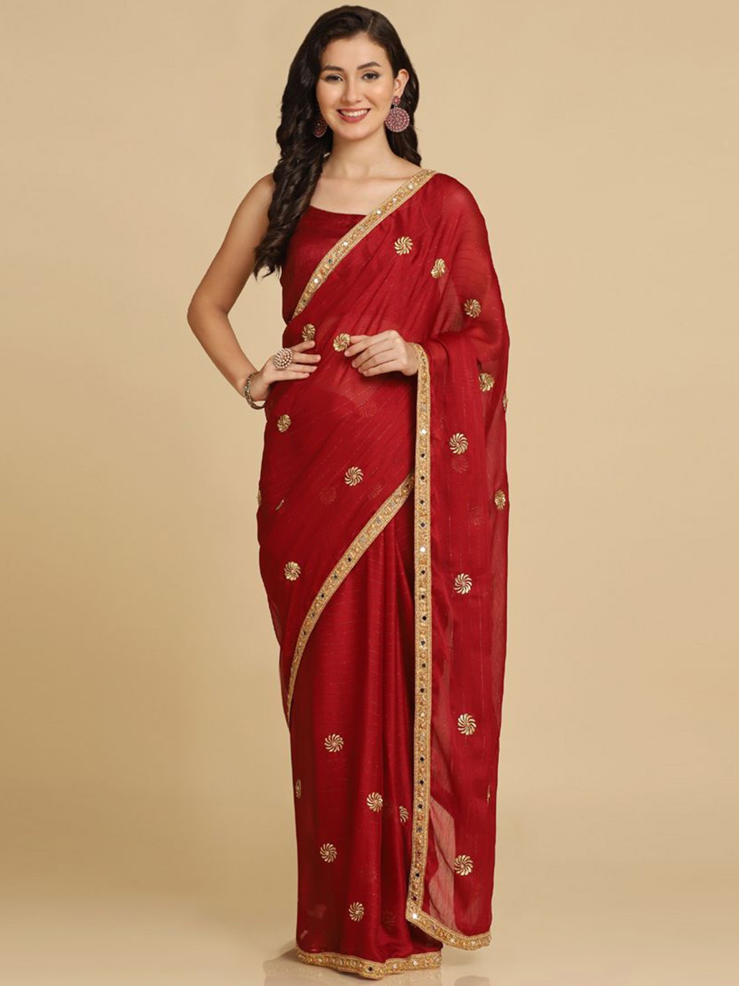 

ASISA Embellished Mirror Work Saree, Red