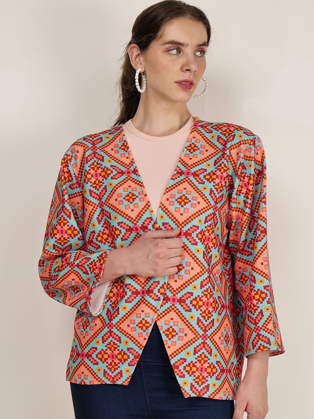 

Frolic Rolic Knitted Polyester Geometric Print Shrug, Red