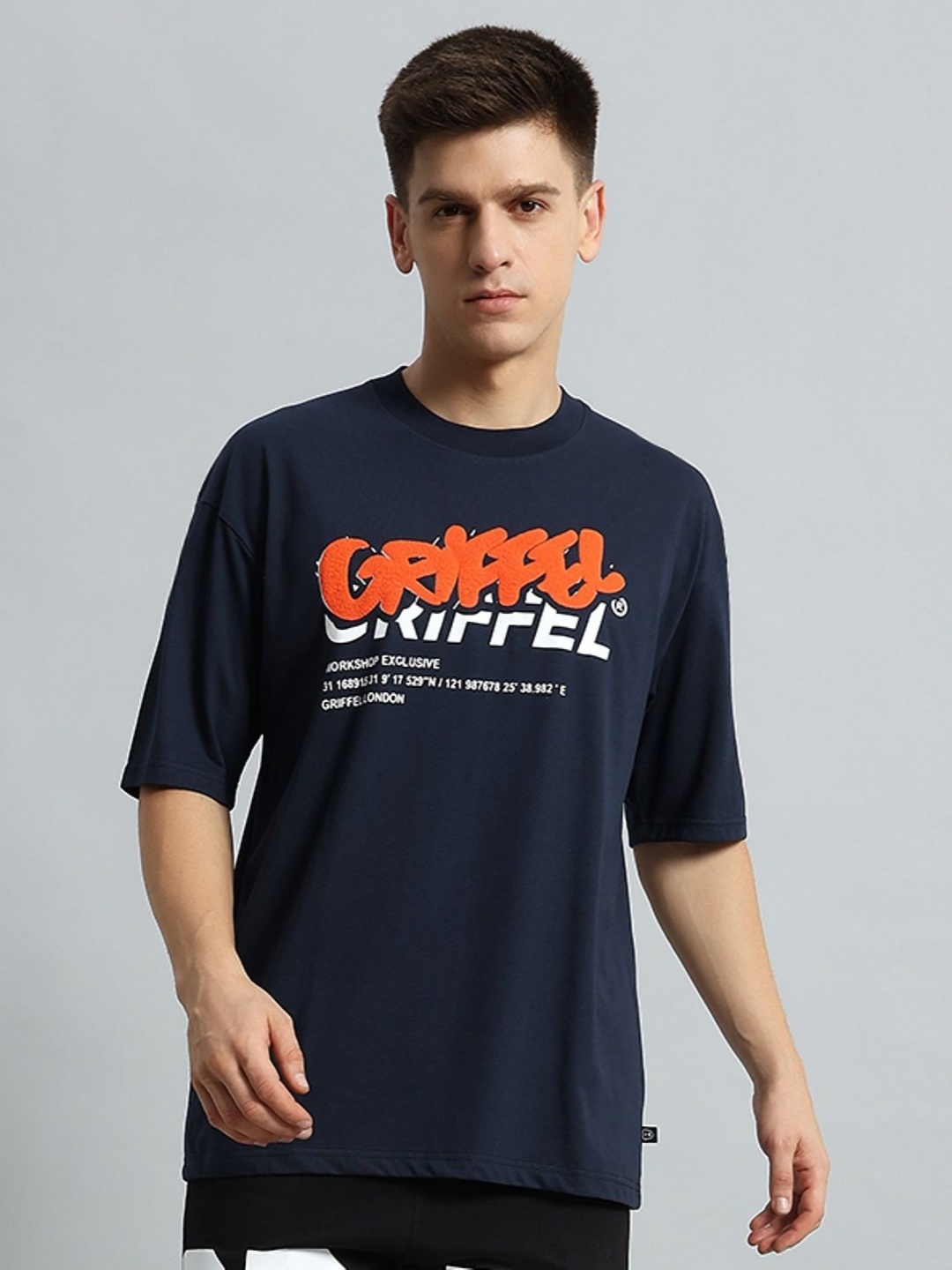 

GRIFFEL Men Graphic Printed Round Neck Cotton Oversized T-Shirt, Navy blue