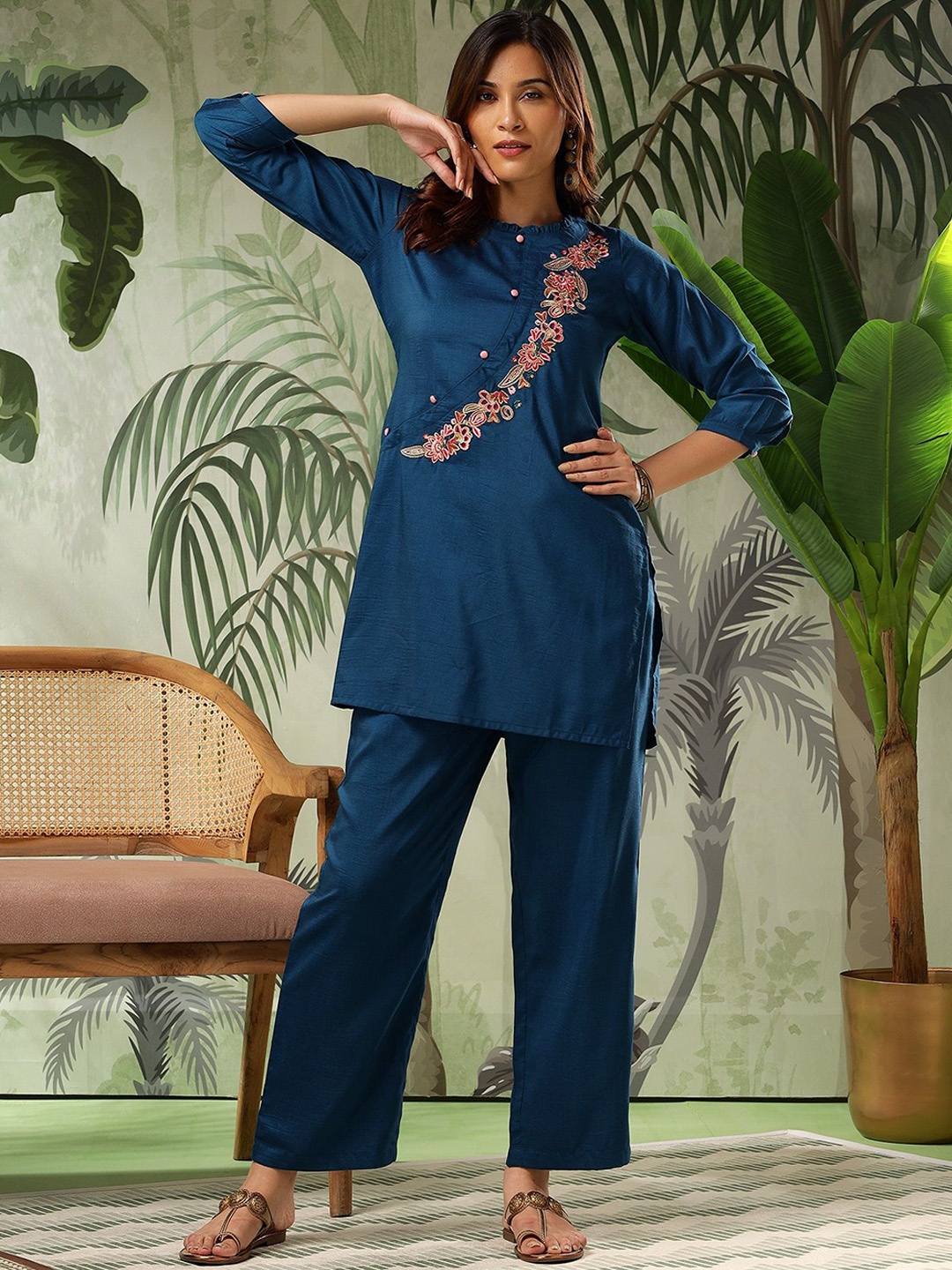 

Bani Women Embroidered Angrakha Tunic With Trousers, Blue