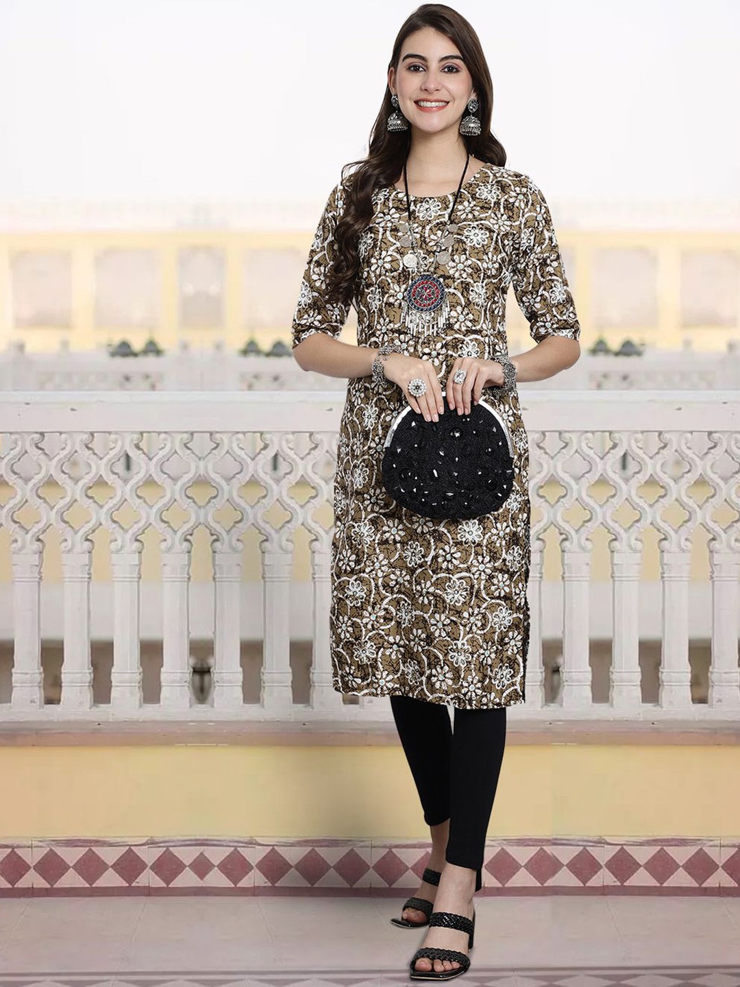 

7Threads Floral Printed Round Neck Crepe Straight Kurta, Brown