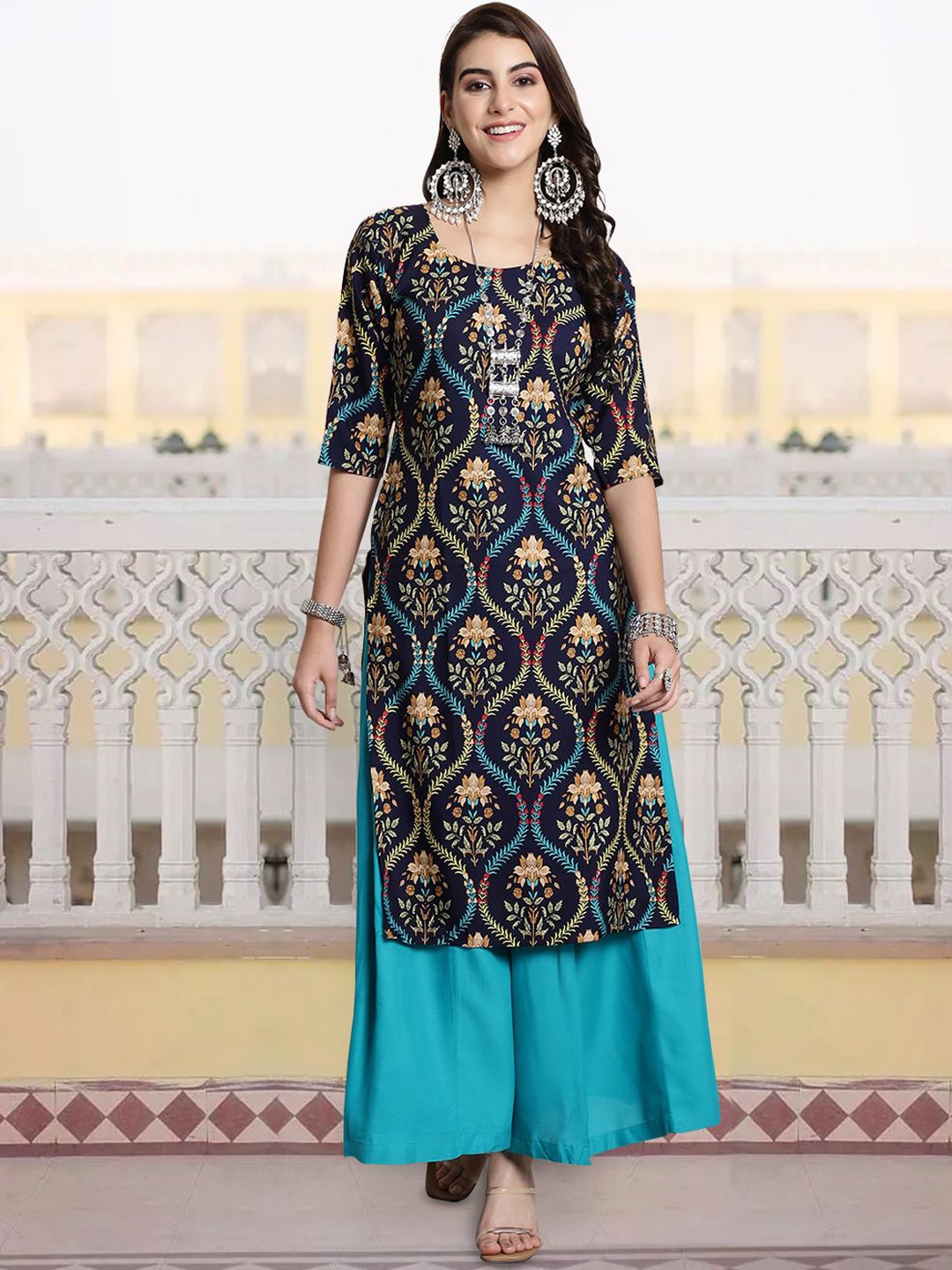 

7Threads Floral Printed Straight Kurta, Navy blue