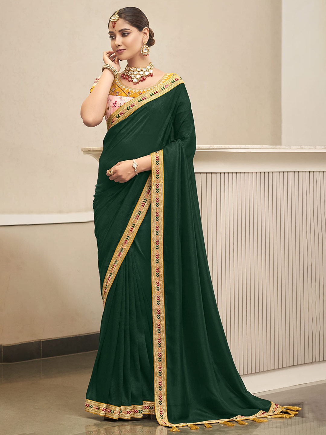 

NIRMAL CREATION Embroidered Pure Silk Saree, Green