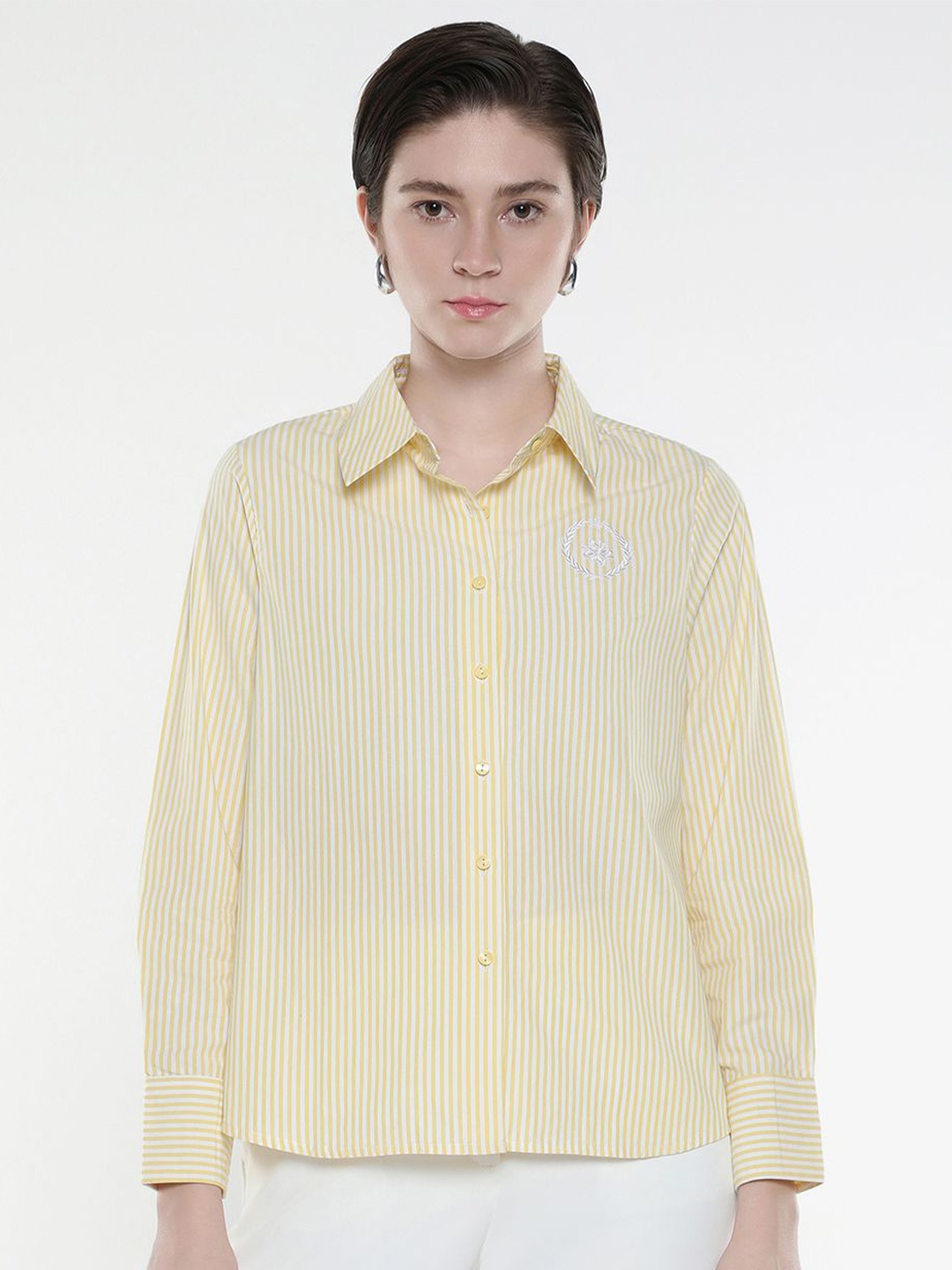 

RAREISM Women Comfort Spread Collar Striped Cotton Formal Shirt, Yellow