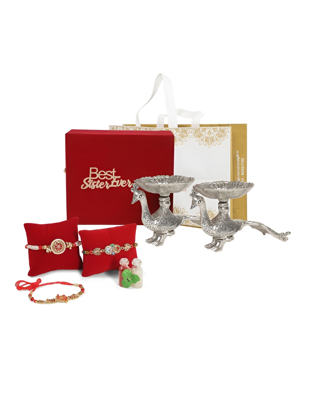 

INTERNATIONAL GIFT Set Of 3 Rakhis With Silver Peacock Bowl Showpiece, Gold