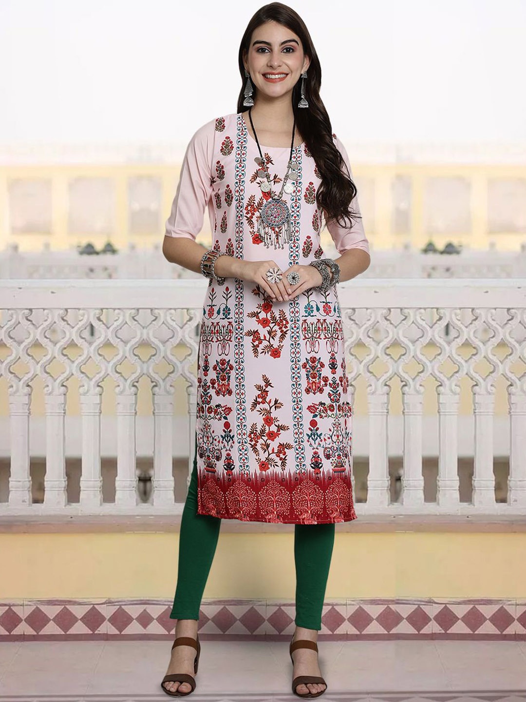 

7Threads Floral Printed Straight Kurta, Pink
