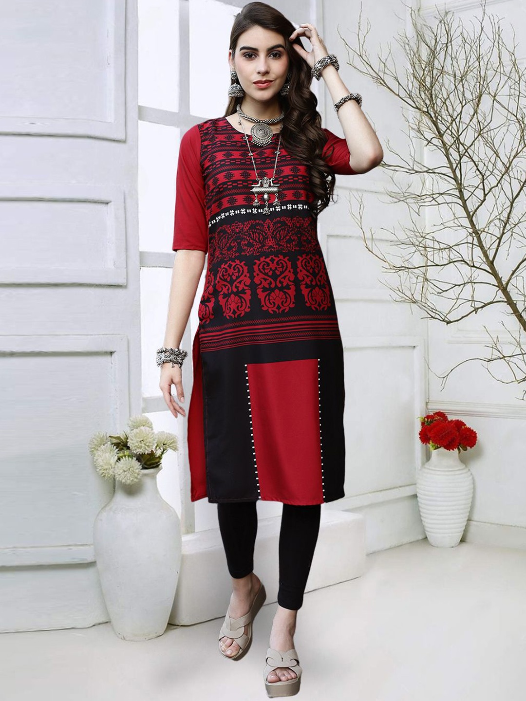

7Threads Floral Printed Straight Kurta, Red